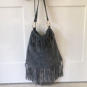 Leather boho fringe tote